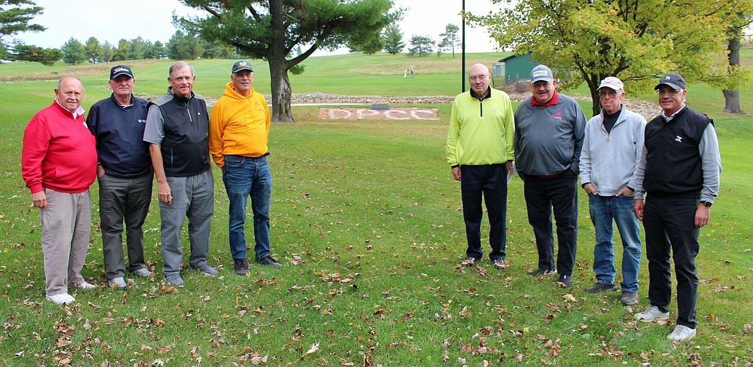 Pictured here are 8 out of 11 golfers at Dodge-Point Country Club who shot their age or better this past golf season.  Left to right are:  Jerry Schlimgen (78), Bobby Clark (77), Denny Rundle (74), Bill Fisher (76), Joe Meudt (75), Terry Tredinnik (74), Bruce Daggett (73), and Dale Chellevold (73).  Missing are Charlie O’Rourke (80), Pete Botts and Tom Johnston (both 74).